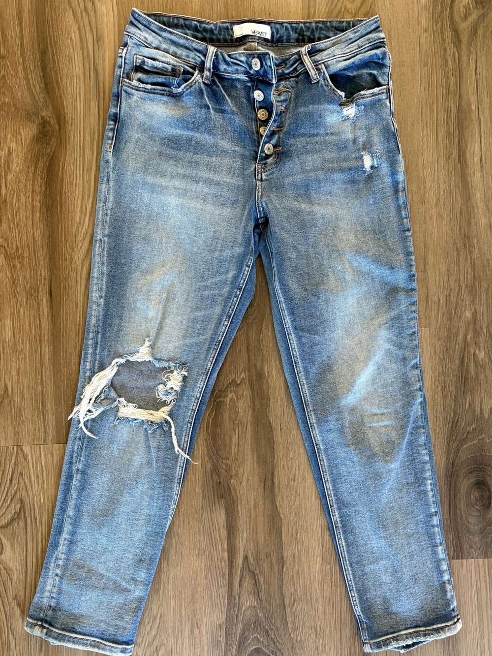 Women's Light Blue Distressed Boyfriend Jeans with Button Fly